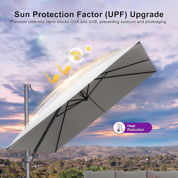 PURPLE LEAF Patio Umbrella 10' X 10' Cantilever Umbrella with Central Lights and Base Aluminum Outdoor Umbrellas with 360-degree Rotation & UPF40+ Fabric for Deck Pool Garden Yard, Pebble Grey