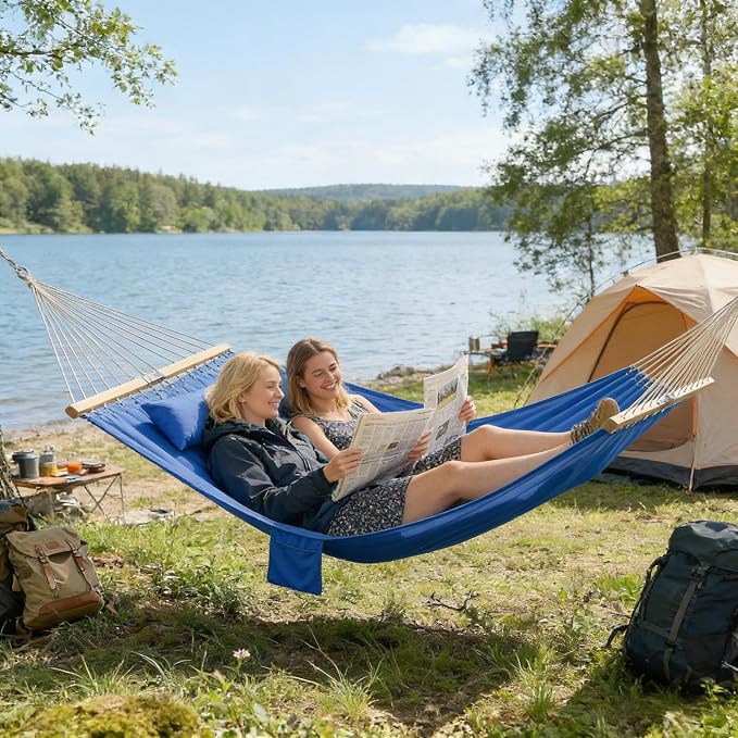 Outdoor Double Hammock with Hardwood Spreader Bars, 440 lb Capacity Patio Hammock, for Patio, Backyard, Porch, Camping & Garden, 128” x 55” (Navy Blue)