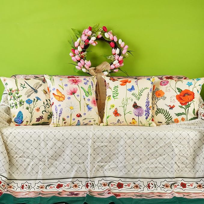 ONWAY Spring Summer Outdoor Waterproof Pillow Covers Set of 4 Floral Farmhouse Throw Pillows Decorative Cushion Cases for Outdoor Couch Sofa Patio Furniture Home Decoration (Beige, 18x18 Inch)