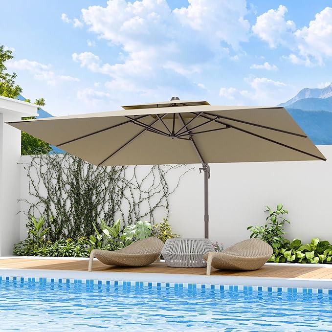 9x12 FT Patio Umbrella with base, Large Cantilever Rectangular Double Top Heavy Duty Offset Umbrellas with 360° Rotation, Outdoor shade for Garden Deck Pool, Tan