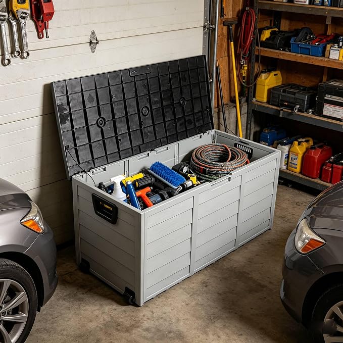 75 Gallon Large Outdoor Storage Box, Indoor and Outside Deck Box with Lockable Design Lids, Waterproof Resin Storage Containers Bin for Garden Garage Patio Poolside Toy Storage Black & Gray