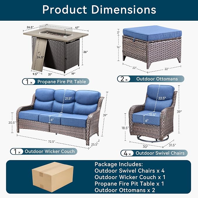Luxury Patio Furniture Set with Fire Pit Table-8 Pieces All Weather Outdoor Swivel Rocker Chairs with Sofa and Ottomans. Outdoors Patio Conversation Sets for Porch Deck Garden(Brown/Blue)