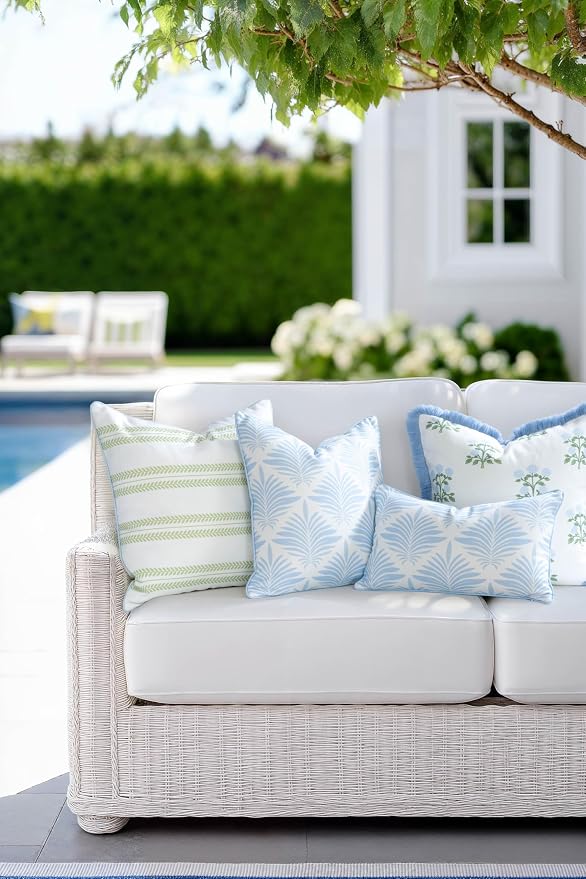 Hofdeco Premium Grandmillennial Coastal Hampton Patio Indoor Outdoor Throw Pillow Cover Only, 22"x22" Water Repellent for Backyard, Couch, Poolside, Grass Green Baby Blue Print Leaf Striped