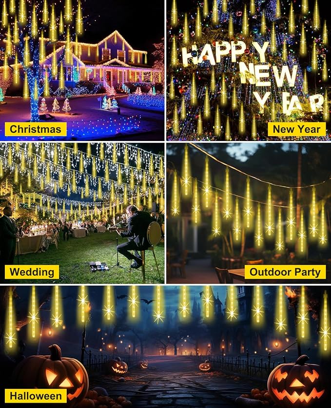 Meteor Shower Lights Outdoor Christmas Lighting Falling Rain Lights 12Inch 10Tubes Rain Drop Light Snowfall Icicle Cascading String Decor for Xmas Holiday Tree Garden Decor,Shine Warm White