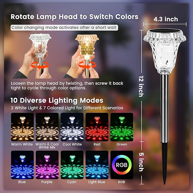 Solar Lights Outdoor Pathway Waterproof, Multicolor Decorative Garden Lights for Walkway Driveway Yard Lawn, Acrylic Solar Powered Landscape Path Lights, 10 Modes (3 White&7 Diverse Colors), 6 Pack