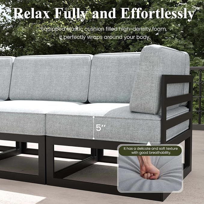 LayinSun Large Aluminum Patio Furniture Set with Fire Pit Table, 9 Pieces Modern Outdoor Conversation Set Sectional Metal Sofa Set with Olefin Cushion