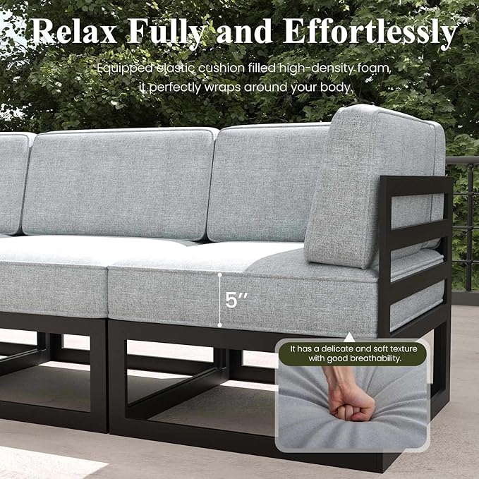 LayinSun Large Aluminum Patio Furniture Set with Fire Pit Table, 9 Pieces Modern Outdoor Conversation Set Sectional Metal Sofa Set with Olefin Cushion