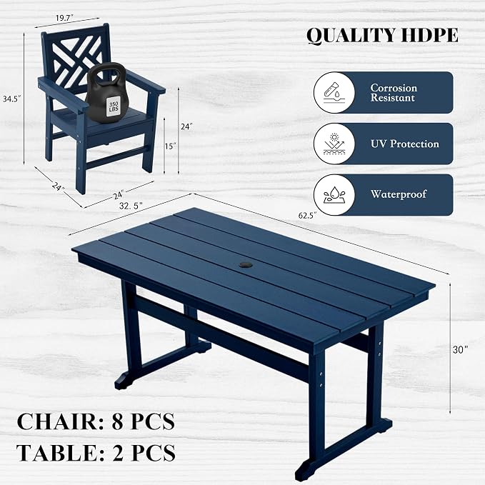 HDPE Dining Table Set for 8,10-Piece Outdoor Table and Chairs Include 8 Dining Chairs and 2 Pcs 62.5" Patio Dining Table with Umbrella Hole (Blue)