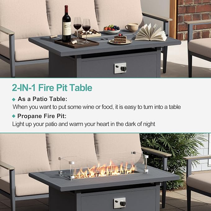 Aluminum Outdoor Patio Furniture Set with Swivel Rocking Chairs 9-Seat, Patio Sectional Sofa Patio Conversation Set with 55,000 BTU Fire Pit Table High Backrest & Thickened Cushions, Sand