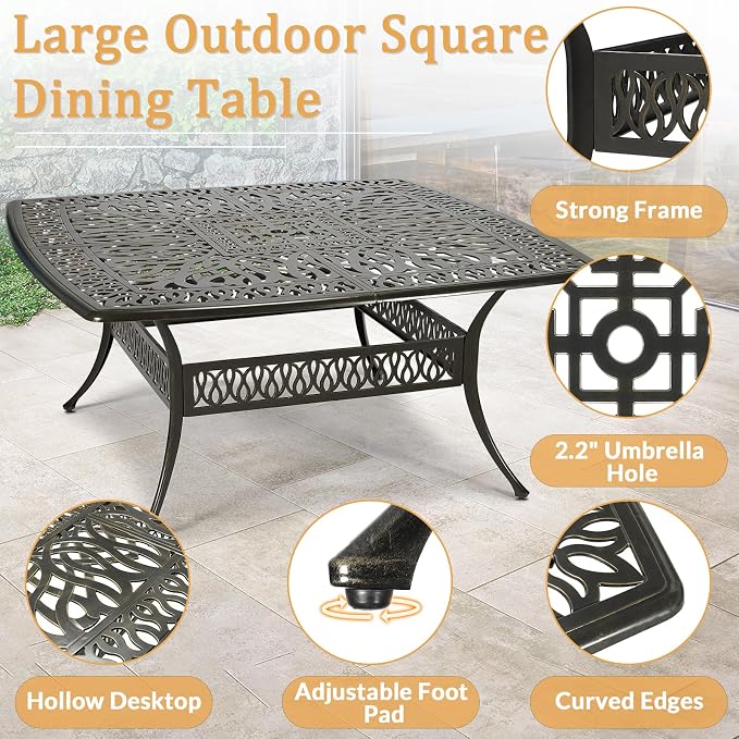 9 Piece Outdoor Patio Dining Set for 8, Cast Aluminium Large Square Dining Table & 8 Cushioned Stackable Chairs, Umbrella Hole, Patio Furniture Set for Garden Porch Poolside, Chili Red