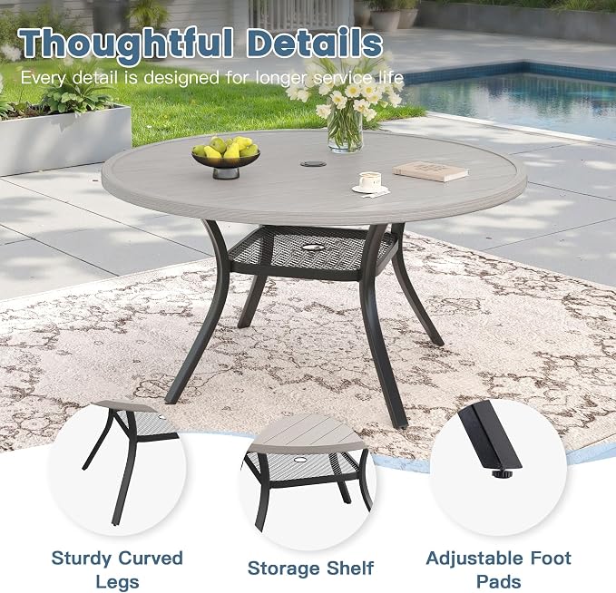 DIFY 7 Piece Outdoor Dining Set, 48" Grey Wood-Like Round Metal Patio Table and Grey Textilene Stackable Chairs for 6, All Weather Patio Furniture Set with Umbrella Hole for Backyard Garden Deck
