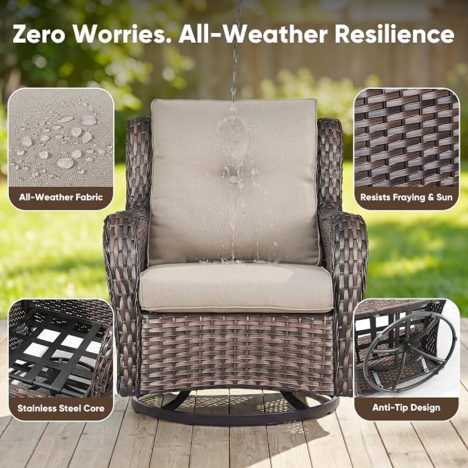 Belord 4 Piece Patio Wicker Furniture Set, Outdoor Swivel Rocker Chairs, All Weather Outdoor Patio Loveseat Set with Fire Pit Table for Deck Porch, Brown Wicker/Beige