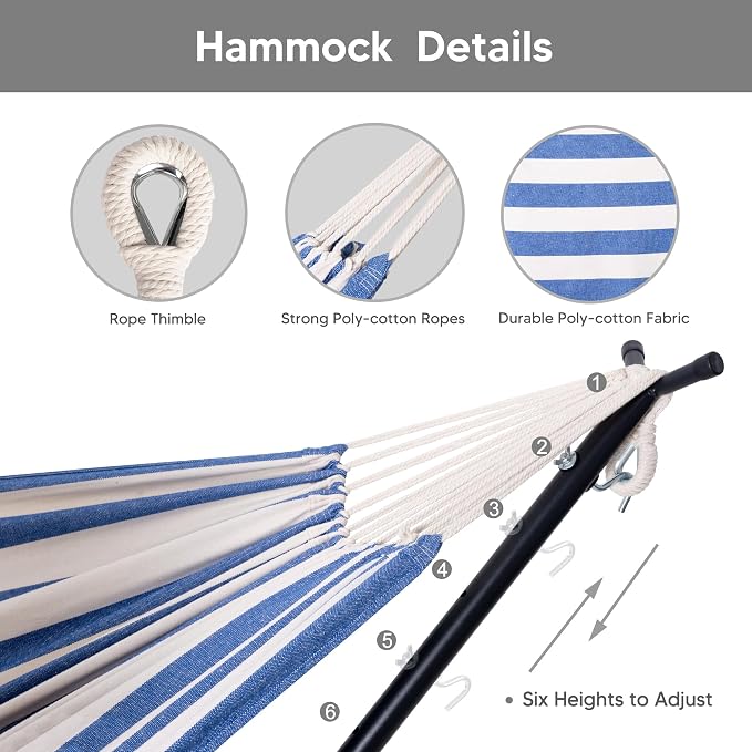 SUNCREAT 2-in-1 Convertible Backyard Fabric Hammock with Stand, Large Hammocks for Outside, Blue White
