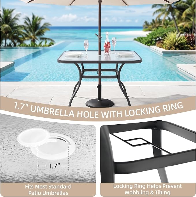 Anmutig 5-Piece Outdoor Patio Dining Set 37-Inch Square Glass Table with 4 Stackable Chairs for Lawn Backyard and Deck, Red