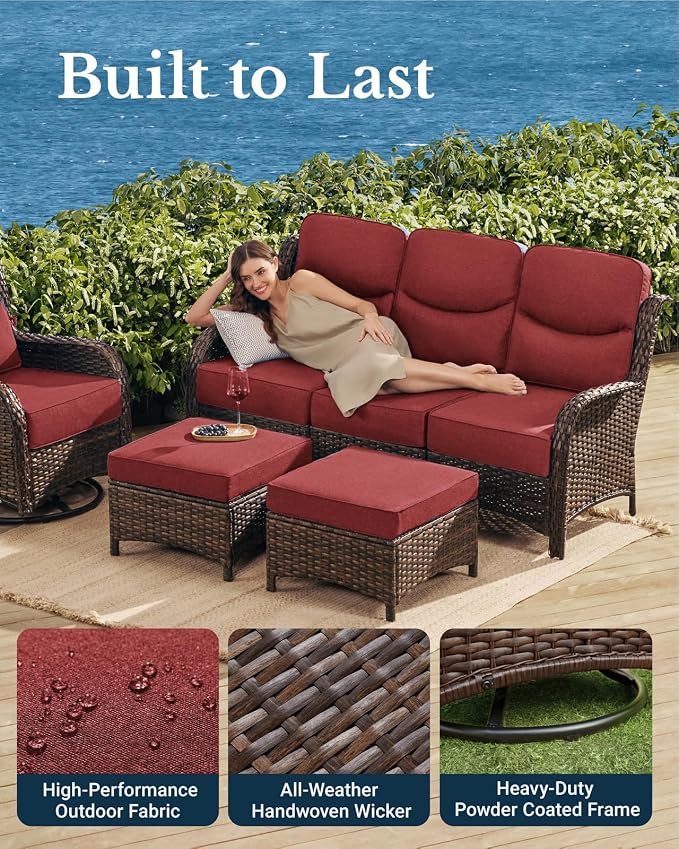 HILLGA Luxury Outdoor Patio Furniture Set with 6-Inch Thick Cushions,High Back Wicker Swivel Rocker Chairs, 7 Pcs All Weather Conversation Set for Large Deck, Yard and Poolside, Burgundy (V3)