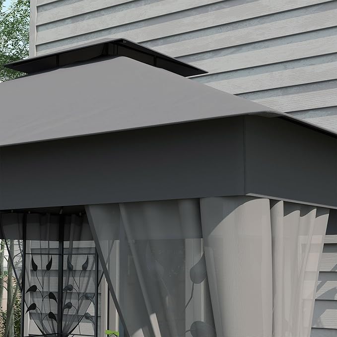 Outsunny 10' x 11.5' Metal Patio Gazebo, Double Roof Outdoor Gazebo Canopy Shelter with Tree Motifs Corner Frame and Netting, for Garden, Lawn, Backyard, and Deck, Gray