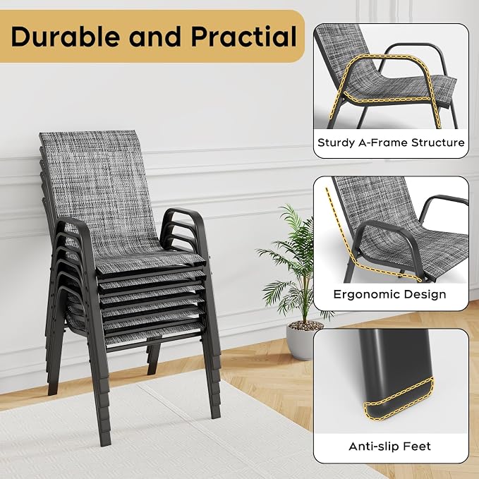Outdoor Patio Dining Set for 6, 7 Pieces Patio Table and Chairs Set with Umbrella Hole, 47"x 47" Round Metal Wood-Grain Dining Table Set with 6 Stackable Patio Chairs for Deck , Backyard, Porch