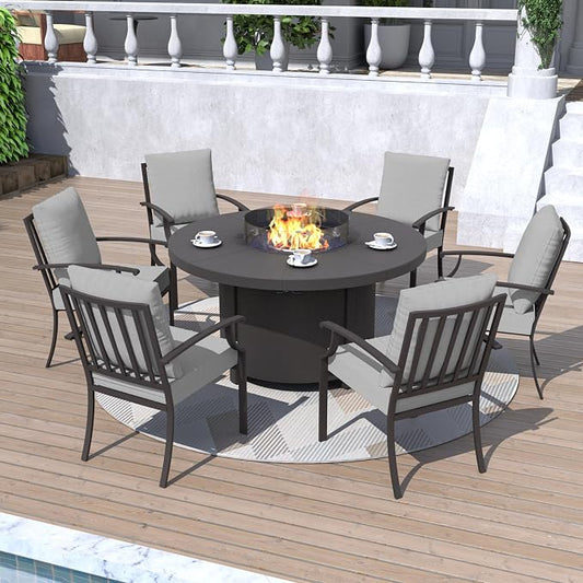 Kurapika 7 Piece Metal Outdoor Patio Furniture Set with 48" Round Fire Pit Table, Patio Conversation Sets 6 Fixed Chairs with Thick Cushion, Gray