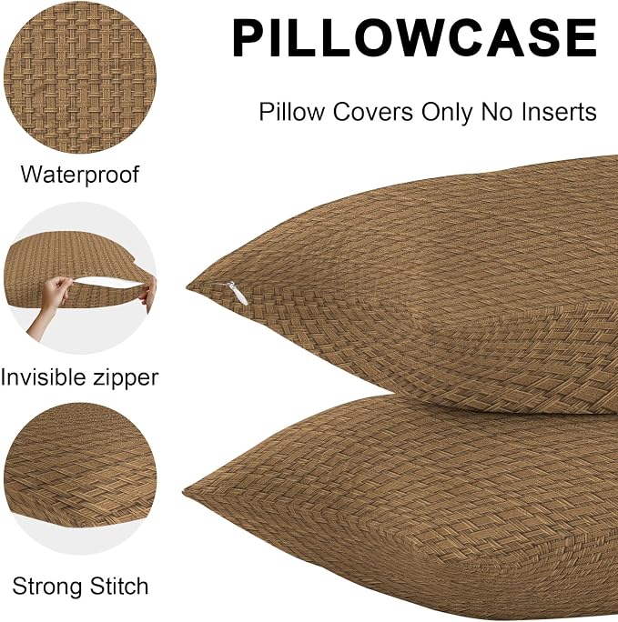 Vintage Rattan Outdoor Pillow Covers 20x20 Inch Throw Pillow Covers Set of 2 Waterproof Decorative Pillow Cases Minimalist Abstract Wicker Texture Brown Cushion Covers for Patio Furniture Garden Couch