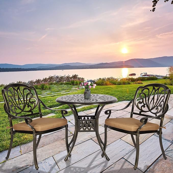 3-Piece Outdoor Patio Dining Set, All-Weather Cast Aluminum Patio Furniture Set for Backyard Garden Deck with 2 Cushioned Chairs and 31” Round Table, 2" Umbrella Hole