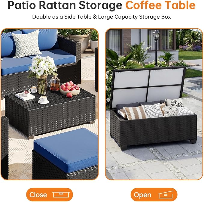 LazySunsets 7-Piece Outdoor Patio Furniture Set, Rattan Outdoor Sectional with Thick Waterproof Cushions, Wicker Ottomans & Waterproof Cover, Patio Conversation Set for Garden, Backyard,Navy Blue