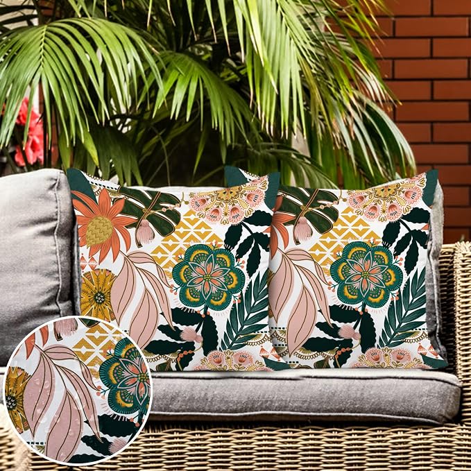 Boho Flowers Outdoor Pillow Covers Waterproof 18x18 Decorative Tropical Floral Patio Pillow for Porch Furniture