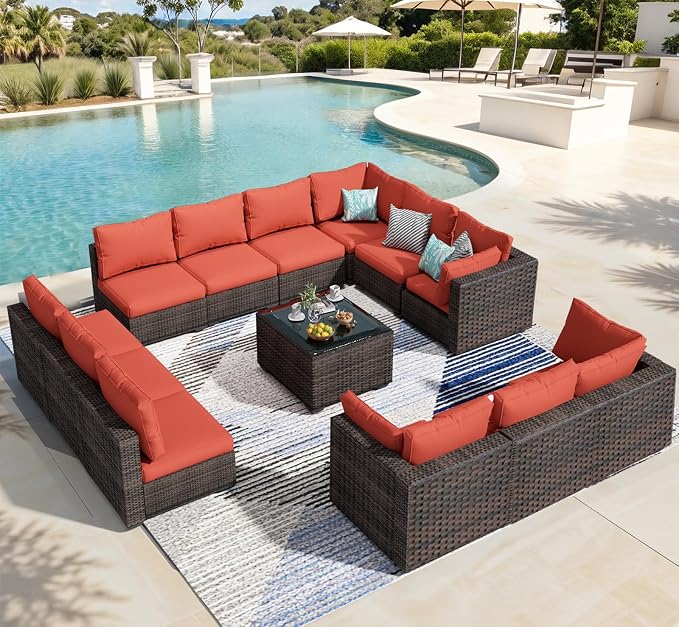 13 Piece Patio Furniture Set All Weather PE Rattan Outdoor Sectional Sofa Couch with No-Slip Cushions and Glass Top Table for Garden, Poolside, Backyard (Red)