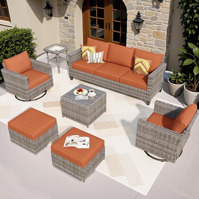 ovios 7 Pieces Patio Furniture Set, Outdoor Wicker Sofa with Rocking Swivel Chairs, Coffee Table, High Back Grey Rattan Conversation Set for Backyard Deck Porch, Orange Red