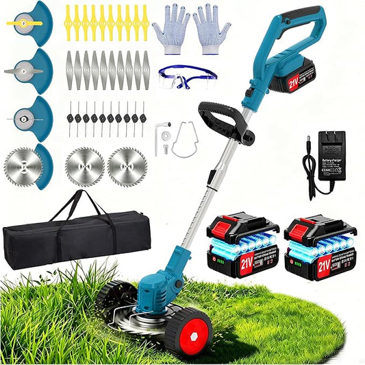 Cordless Weed Wacker Electric Eater 21V Stringless String Trimmers Battery Powered 3-in-1 Grass Trimmer/Lawn Edger/Brush Cutter with 4 Types Blades & Wheels for Garden Yard