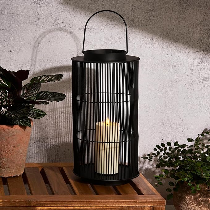 LampLust Outdoor Lanterns Decorative Spring Patio Decor, 16 Inch Black Metal Candle Lanterns, Battery Operated LED with Timer, Front Porch, Spring Outdoor Decorations, Modern Farmhouse Decor