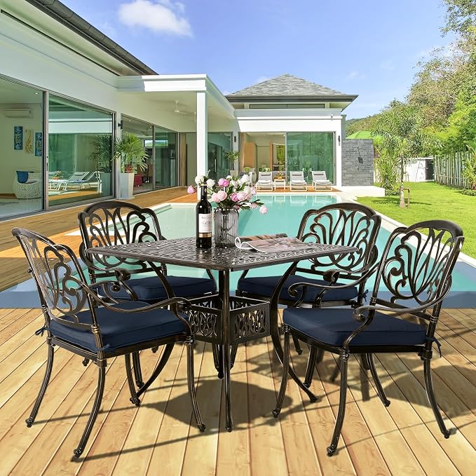 MEETWARM 5-Piece Outdoor Patio Dining Set, All-Weather Cast Aluminum Patio Conversation Set for Backyard Garden Deck with 4 Chairs, 4 Cushions and 35.4" Square Table, 2.2" Umbrella Hole, Navy Blue