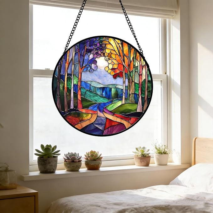 DASTOLL Stained Glass Window Hanging, Colorful Forest Landscape Tree Suncatcher for Doors Window Home Abstract Sun Catchers Decoration Mother's Day Birthday Gifts for Women, Men, and Mom 15 in