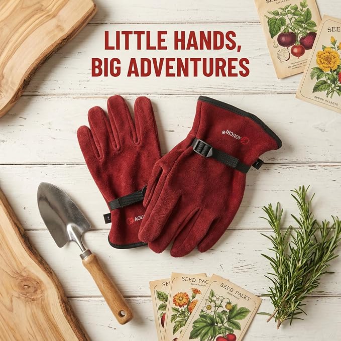 Kids Leather Work Gloves Age 2-15, Extra Soft Deerskin Suede (Red, 6-8Y) | Flexible Breathable Lightweight Toddler Genuine Leather Gloves for Outdoor Activities, DIY, Planting, Hiking, Painting