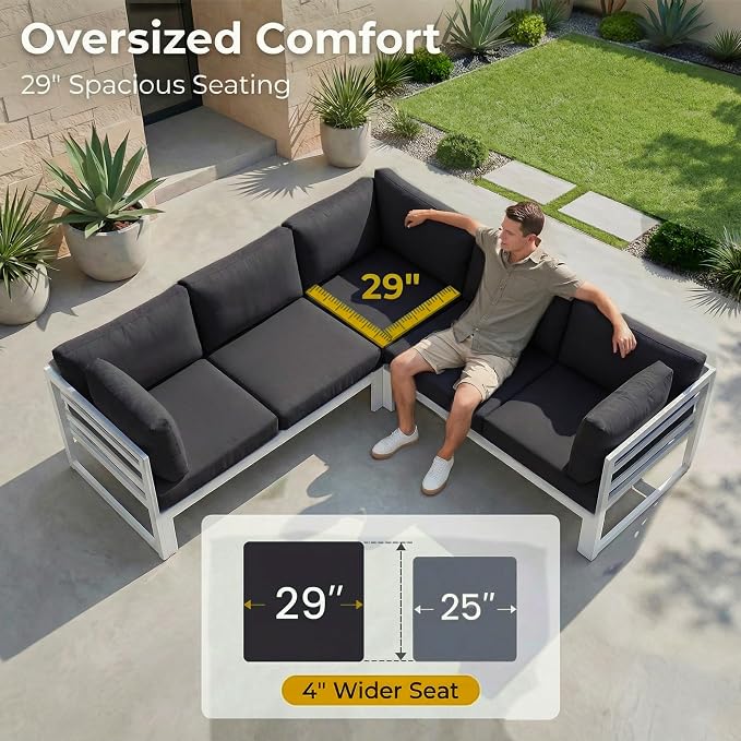 RADIATA 7 Seat Large Aluminum Patio Conversation Set with Lounge & Fire Pit Table, 29" Deep Wide Seat, High End Modular Sectional Seating, 500 lbs Heavy Duty Anti-Rust Outdoor Sofa for Poolside, Black