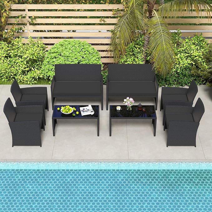 HAPPYGRILL 4 Piece Rattan Wicker Patio Conversation Set, Outdoor Furniture with Chair Loveseat Table & Cushion, for Backyard Porch Balcony (2, Black & Black)
