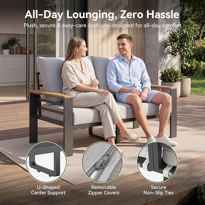 Aoxun Patio Furniture Set, 4 Piece Aluminum Patio Sets with 5" Thicken & Washable Cushion, Waterproof Outdoor Furniture with Coffee Table, Outdoor Couch Sectional for Backyard, Porch and Garden
