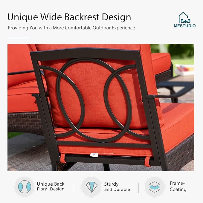 MFSTUDIO 4 Pieces Outdoor Patio Furniture Set, Metal Outdoor Conversation Set, Rattan Wicker Patio Sectional Set with 2 x Fixed Single Sofa, 3-Seat Sofa, 1 x Fire Pit Table, Red