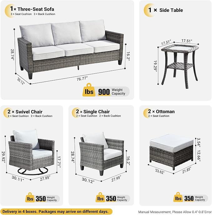 ovios 8 Pieces Patio Furniture Set, Outdoor Wicker Sofa Couch with Swivel Chairs, Rocking Glider Rocker with Comfy Cushions All Weather Rattan Conversation Set, Grey