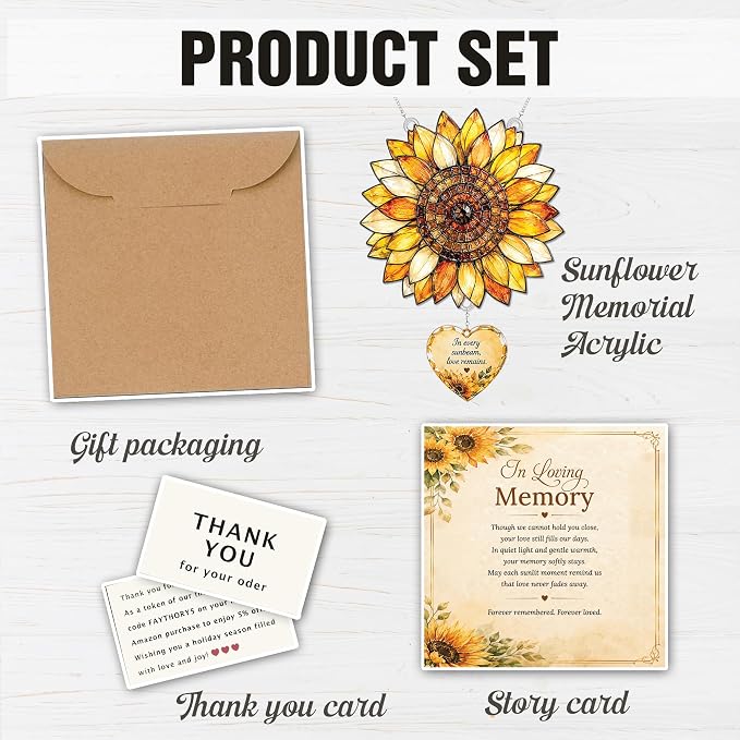 Sunflower Decor 4 inch Memorial Suncatcher for Loss of Loved One, Bereavement Gifts, Sympathy Gifts, in Memory of Loved One Gifts, Remembrance Gift for Loss, Memorial Keepsakes