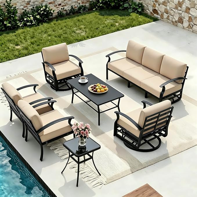Aluminum Outdoor Patio Furniture Set,7 Seats Patio Conversation Sets with Rectangular Coffee Table,Metal Patio Sectional Furniture Set with 2 Swivel Rocking Chairs,Sand