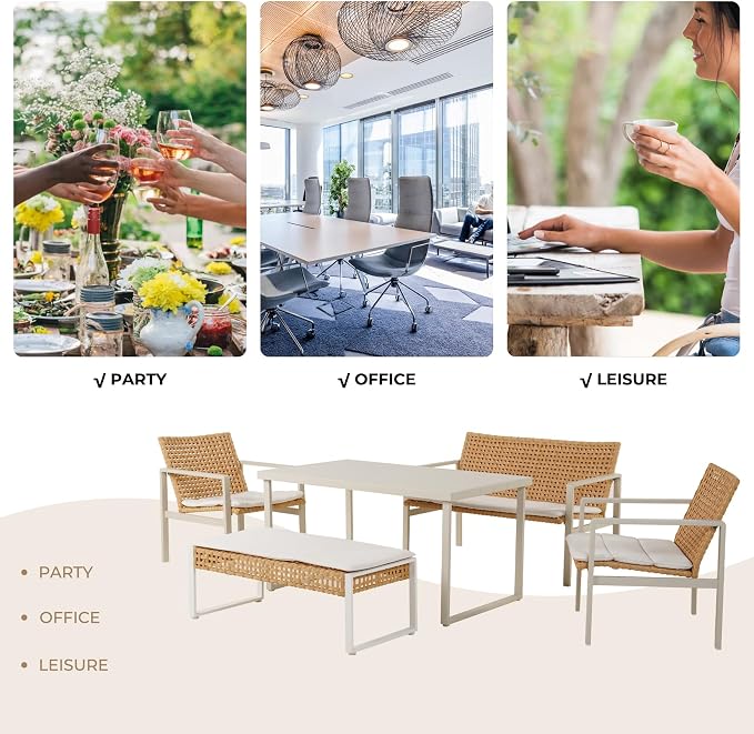 Grand patio 5-Piece Outdoor Dining Set, Wicker Patio Dining Table Set for 6 with Bench and Seat Cushion, Outdoor Patio Furniture Dining Chair Set for Backyard, Garden, Deck