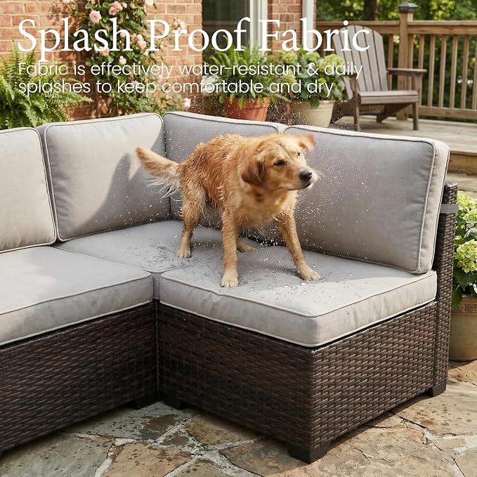 LayinSun 13 Pieces Outdoor Patio Furniture Set with 44" Fire Pit Table Brown Rattan Sectional Sofa Conversation Sets