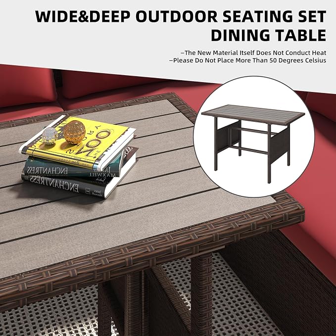 AECOJOY Outdoor Patio Furniture Set with Waterproof Cover, 7 Pieces Clearance Sectional Rattan Dining Table&Chairs, All Weather Wicker Conversation Sofa Couch, Wine Red Cushions&Brown Rattan