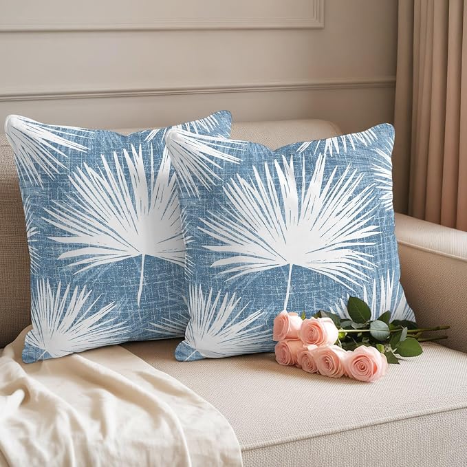 Throw Pillow Covers 26x26 Inch Set of 2, Hazy Blue Palm Leaves Coastal Waterproof Outdoor Pillow Covers, Summer Tropical Botanical Decorative Cushion Pillowcases for Couch, Sofa, Bed, Garden, Patio