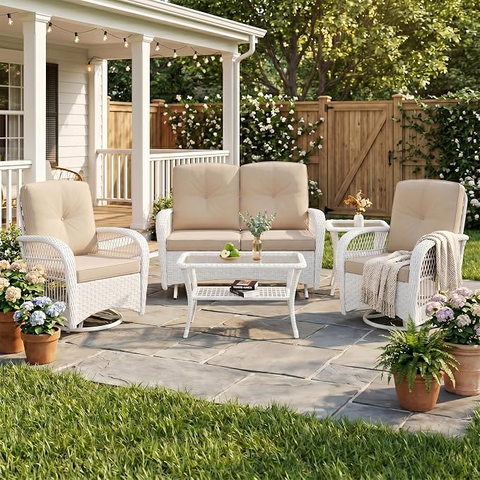 VIVIJASON 5-Piece Outdoor Patio White Wicker Conversation Sets, All Weather Outdoor Rattan Furniture Set Includes Glider Loveseat, 2 Coffee Table, 2 Swivel-Gliders Chairs with Cushions, Beige