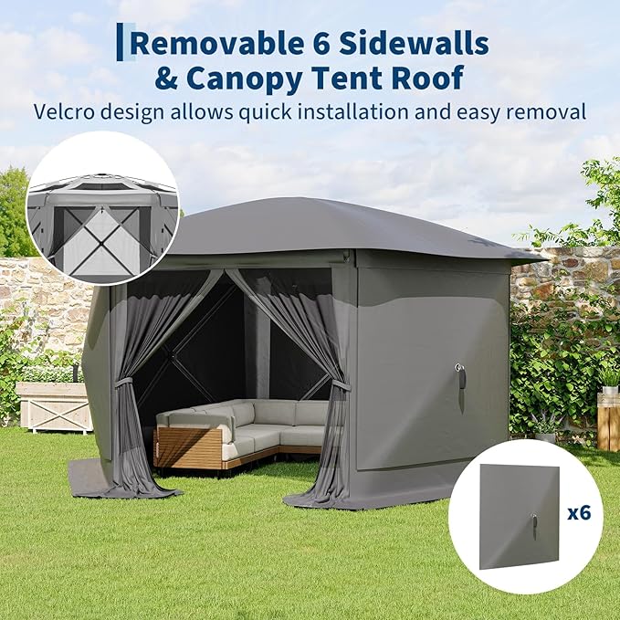 GarveeLife 13x13FT 6-Sided Pop Up Gazebo Tent，One-Push Setup Canopy Tent with Removable Canopy Top & Wind Cloths, Outdoor shelter for Camping, Backyard Parties, Outdoor Events - Grey