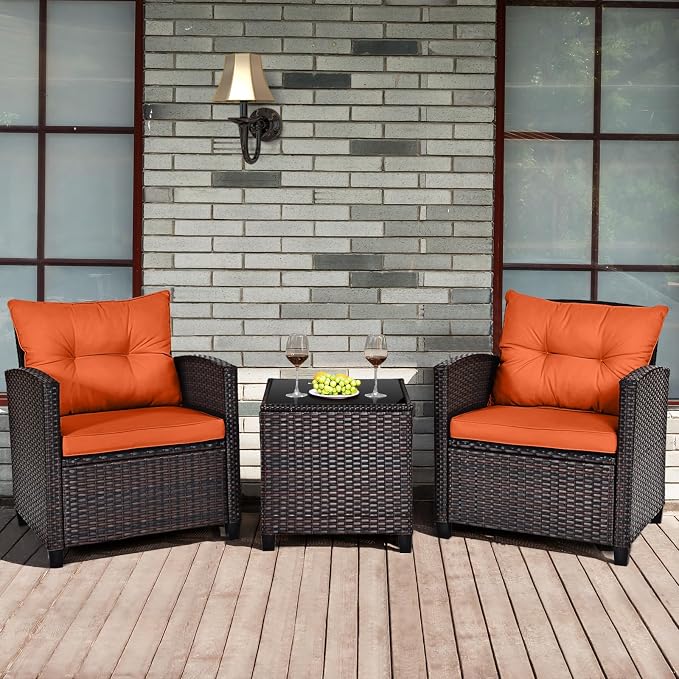 3-Pieces Patio Furniture Set, PE Wicker Chairs Sofa Set with Removable Cushions & Glass Top Side Table, Outdoor Wicker Rattan Conversation Chair for Porch,Backyard, Balcony (Orange)