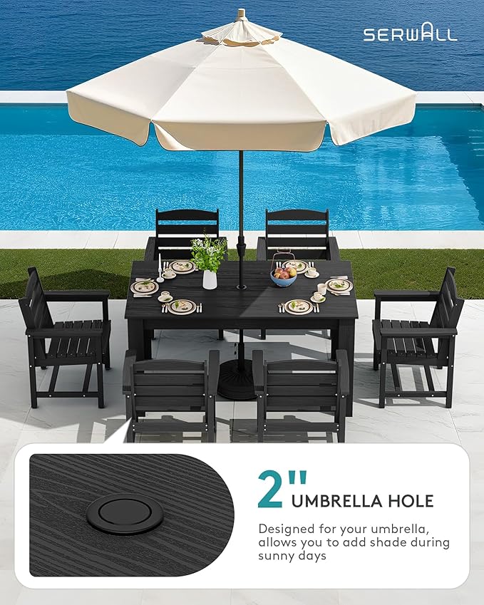 SERWALL Outdoor Dining Sets for 4, HDPE Dining Sets for 4 Person with 1 Umbrella Hole Cut-Out Rectangular Table and 4 Armless Chairs, Patio Dining Sets for Garden, Backyard, Poolside, Black