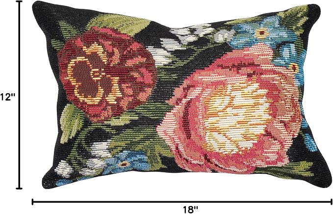 Liora Manne MARINA Indoor/Outdoor Power Loomed Easy Care Pillow - Traditional Graphic Botanical Floral Accent (Secret Garden Black) (12" x 18")