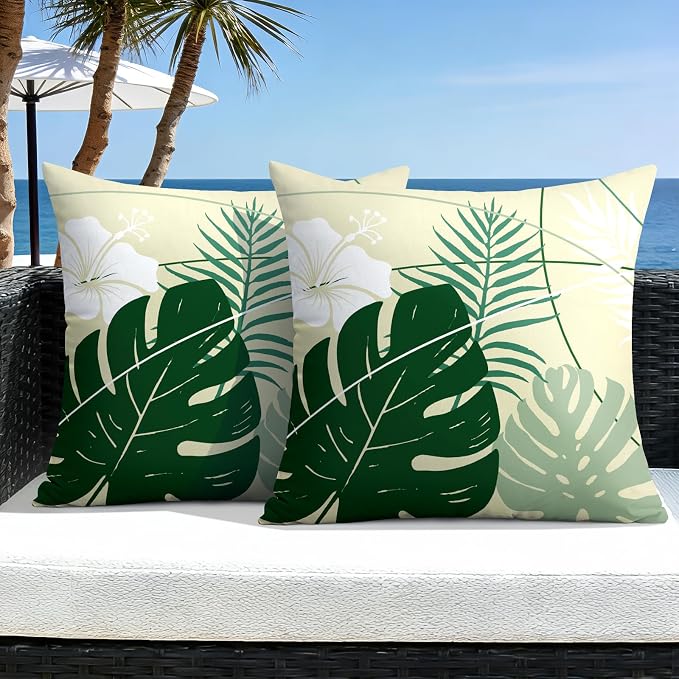OTOSTAR Outdoor Waterproof Throw Pillow Covers 20x20 Inch Set of 2 Double-Sided Green Tropical Leaf and Flower Spring Summer Decorative Pillow Cases for Patio Funiture Garden Balcony Couch